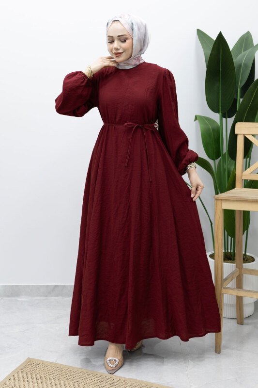 Lina Dikiş Ve Bağcık Detaylı Elbise TSD260223 Bordo - 1