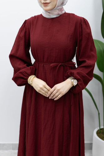 Lina Dikiş Ve Bağcık Detaylı Elbise TSD260223 Bordo - 4