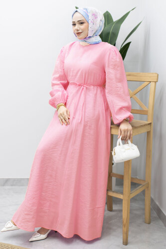 Lina Dikiş Ve Bağcık Detaylı Elbise TSD260223 Pembe - 3