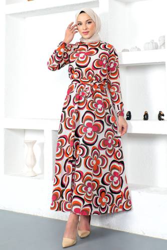 Manolya Desenli Beli Lastikli Elbise TSD230222 Turuncu 