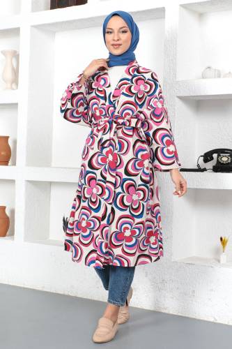 Manolya Desenli Kimono TSD230434 Pembe - Tesettür Dünyası (1)