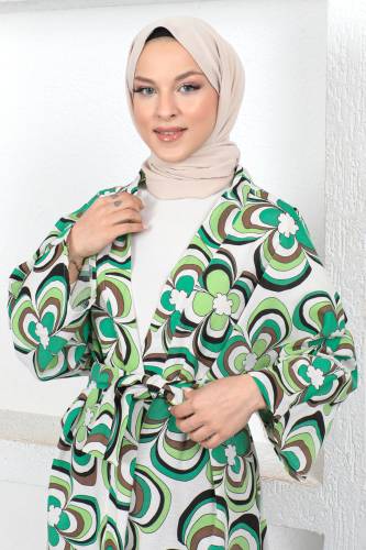 Manolya Desenli Kimono TSD230434 Yeşil - Tesettür Dünyası (1)