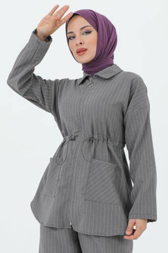 Melisa Beli Büzgülü Fermuarlı Takım TSD231208 Gri - Tesettür Dünyası (1)