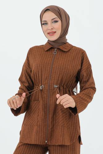 Melisa Beli Büzgülü Fermuarlı Takım TSD231208 Kahverengi - Tesettür Dünyası (1)