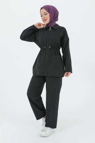 Melisa Beli Büzgülü Fermuarlı Takım TSD231208 Siyah - 3