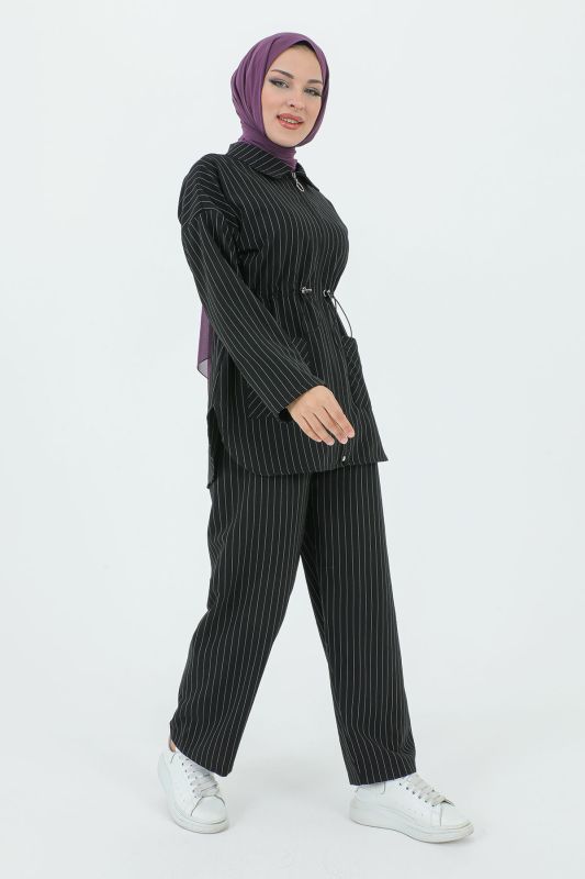 Melisa Beli Büzgülü Fermuarlı Takım TSD231208 Siyah - 4