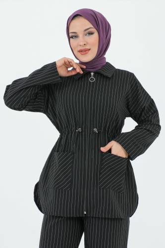 Melisa Beli Büzgülü Fermuarlı Takım TSD231208 Siyah - Tesettür Dünyası (1)