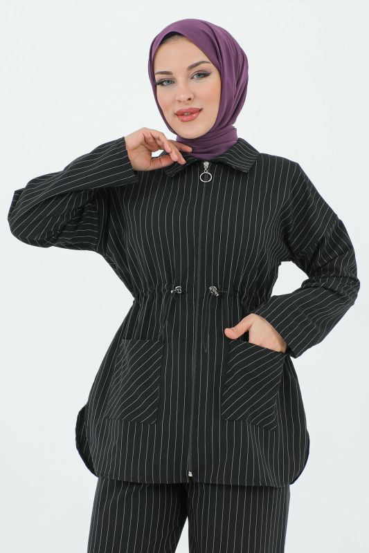 Melisa Beli Büzgülü Fermuarlı Takım TSD231208 Siyah - 2