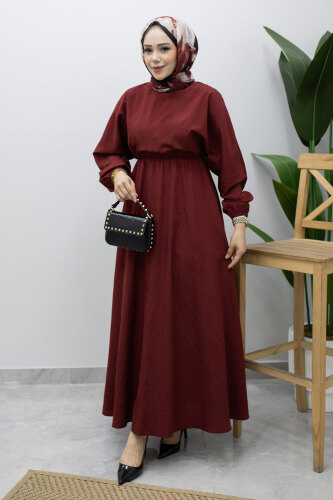 Mira Beli Lastikli Elbise TSD260245 Bordo - 3