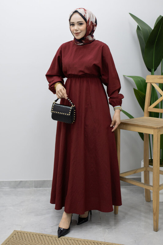 Mira Beli Lastikli Elbise TSD260245 Bordo - 3