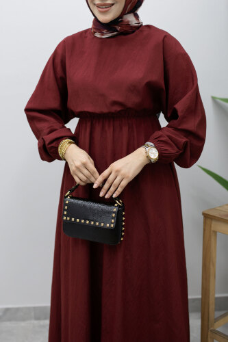 Mira Beli Lastikli Elbise TSD260245 Bordo - 4