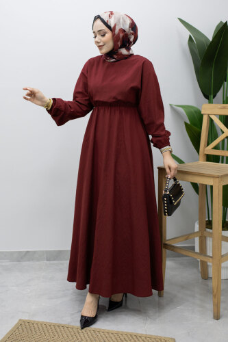Mira Beli Lastikli Elbise TSD260245 Bordo - 5