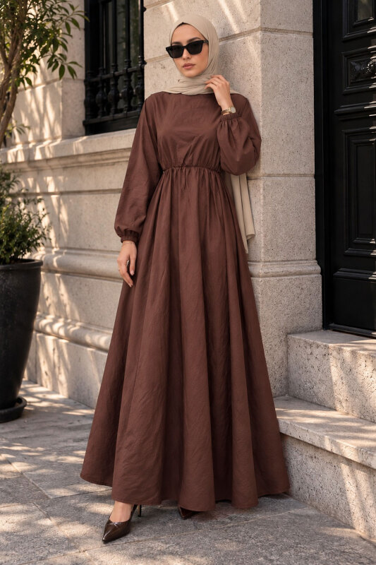 Mira Beli Lastikli Elbise TSD260245 Kahverengi - 4