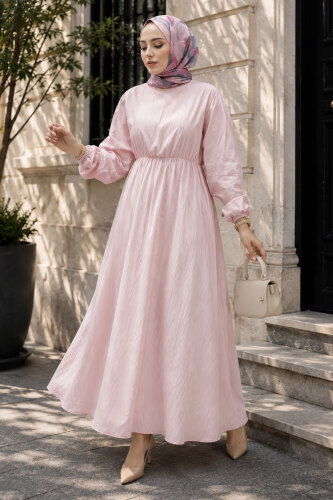 Mira Beli Lastikli Elbise TSD260245 Pembe - Tesettür Dünyası