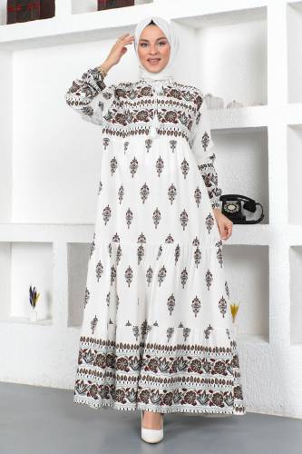Motifli Elbise TSD230407 Kahverengi 