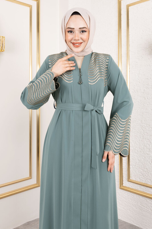 Nakış Ve Taş Detaylı Abaya TSD250110 Mint Yeşili - 2