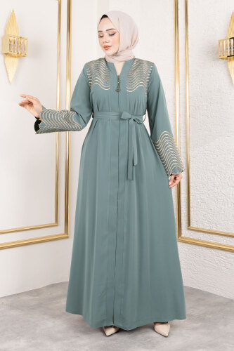 Nakış Ve Taş Detaylı Abaya TSD250110 Mint Yeşili 