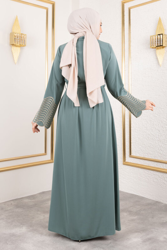 Nakış Ve Taş Detaylı Abaya TSD250110 Mint Yeşili - 5