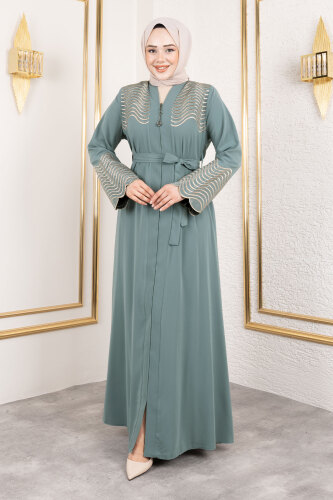 Nakış Ve Taş Detaylı Abaya TSD250110 Mint Yeşili - 4