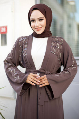 Nakışlı Tesettür Abaya TSD240723 Kahverengi - Tesettür Dünyası (1)