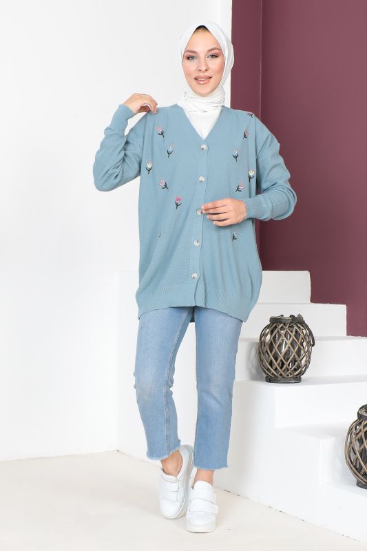 Nakışlı Triko Hırka TSD230722 Mavi - 1