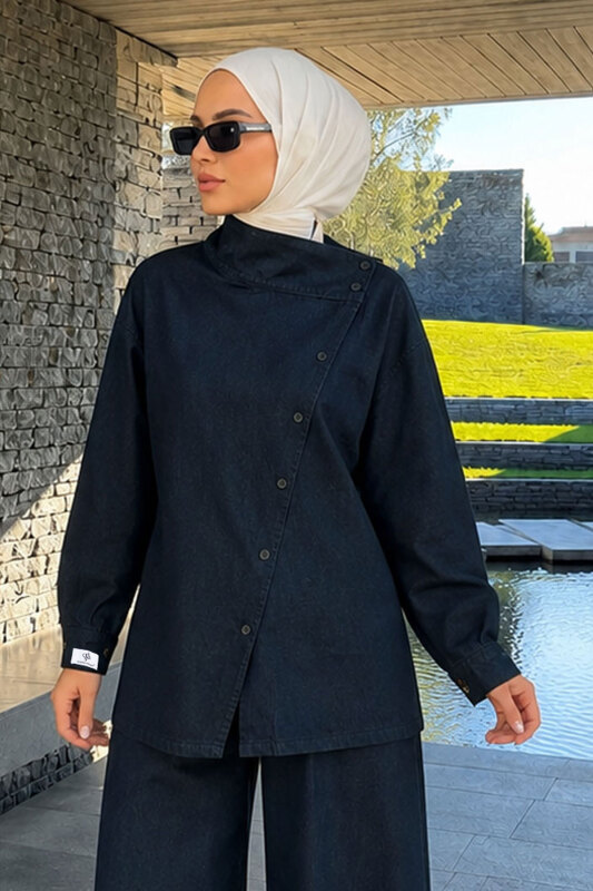Nora Çapraz Düğmeli Kot Takım TSD260281 Koyu Mavi - Tesettür Dünyası (1)