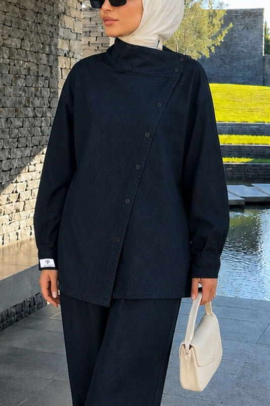 Nora Çapraz Düğmeli Kot Takım TSD260281 Koyu Mavi - 4