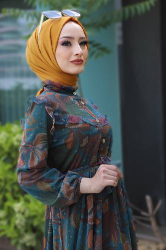 Omuzu Fırfırlı Tül Elbise TSD220526 Turkuaz - 3