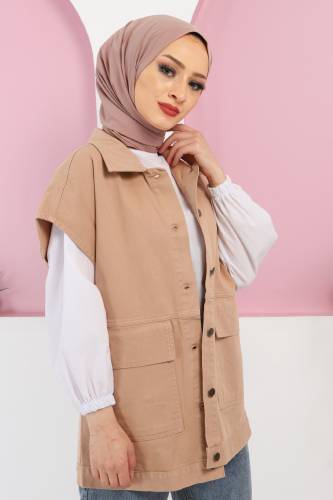 Önden Cepli Kot Yelek TSD220429 Camel - 3