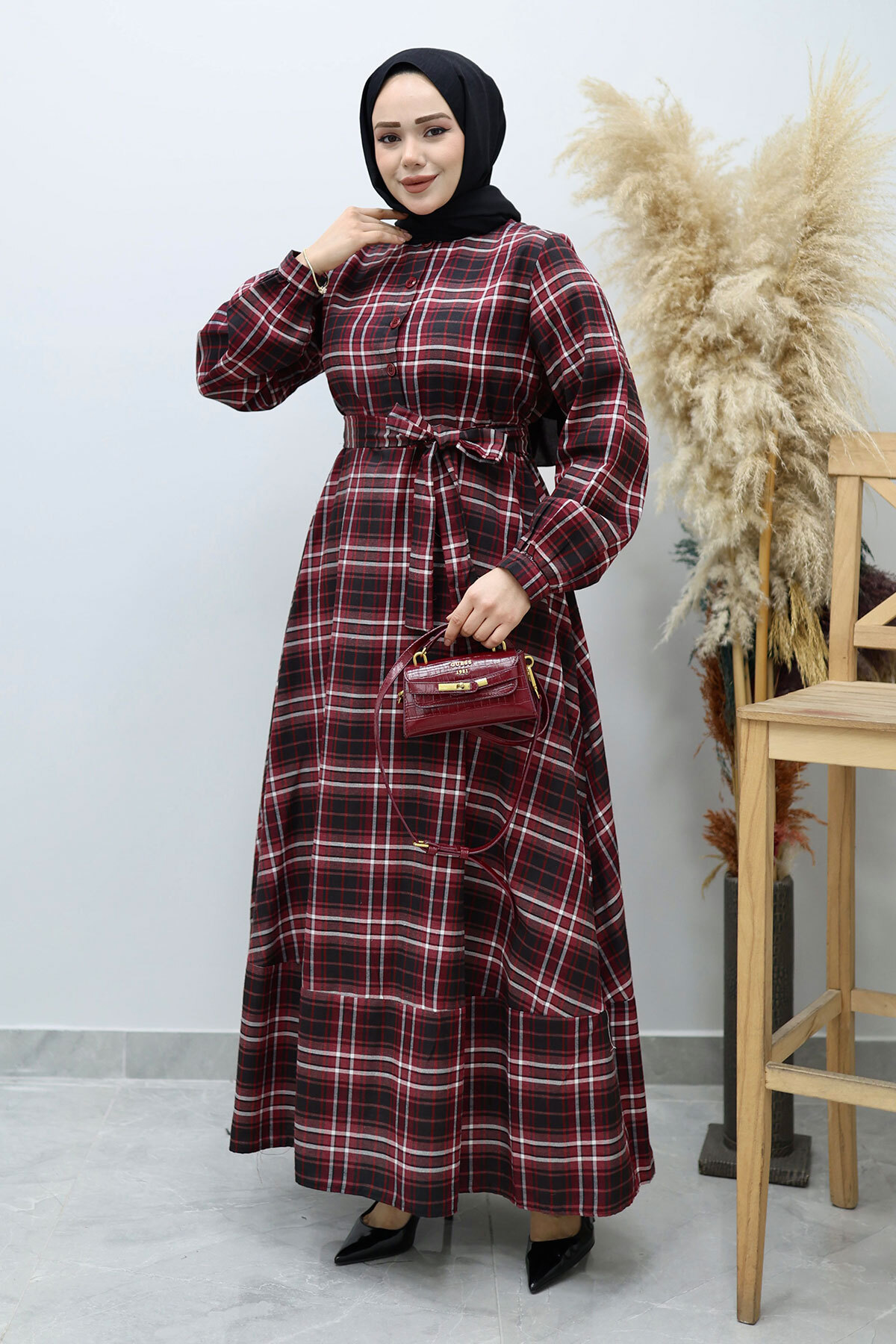Önden Düğmeli Ekose Elbise TSD260131 Bordo