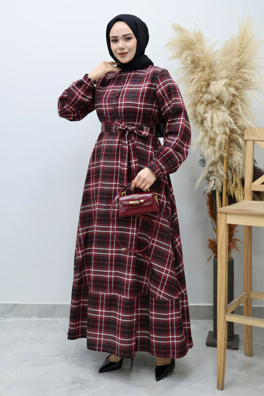 Önden Düğmeli Ekose Elbise TSD260131 Bordo - 1