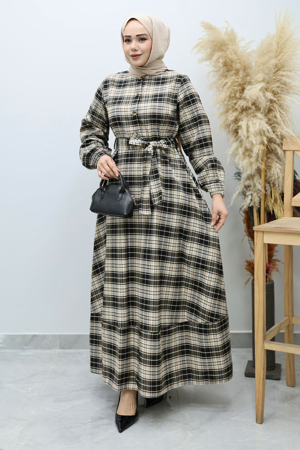 Önden Düğmeli Ekose Elbise TSD260131 Camel