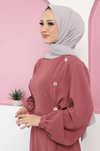 Önden Taşlı Elbise TSD220433 Gül Kurusu - Tesettür Dünyası (1)