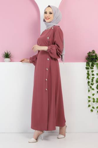 Önden Taşlı Elbise TSD220433 Gül Kurusu - 4