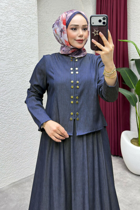 Önü Çıtçıtlı Etekli Takım TSD260204 Koyu Mavi - 2