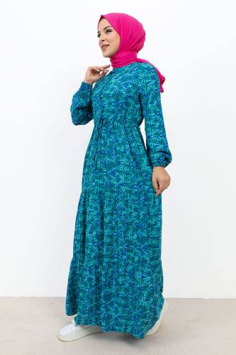 Önü Düğmeli Kat Kat Elbise TSD231104 Mavi - 3