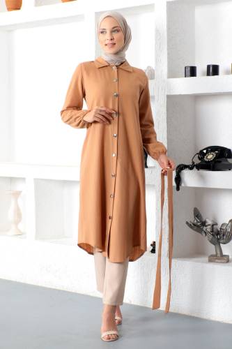 Önü Düğmeli Tunik TSD230101 Taba - Tesettür Dünyası (1)