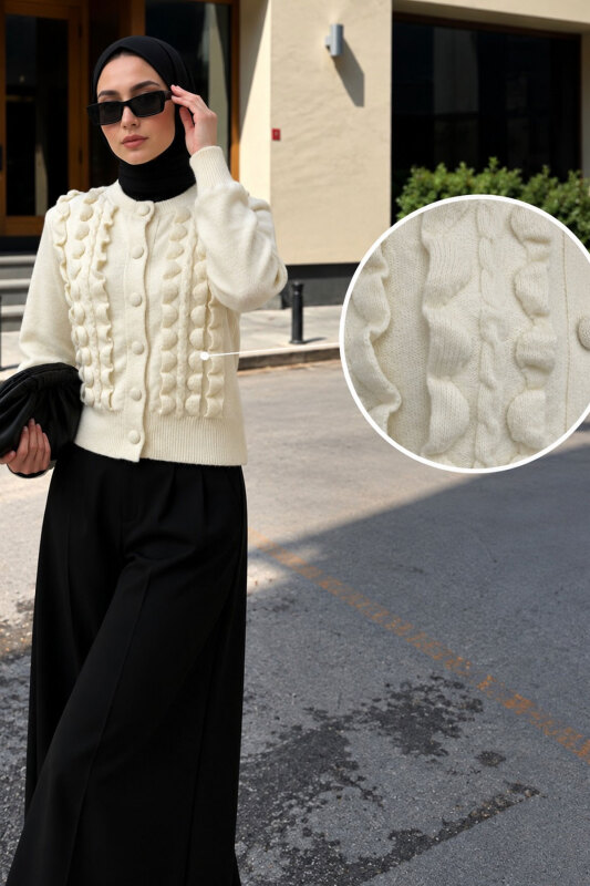 Önü Fırfırlı Triko Hırka TSD260337 Bej - Tesettür Dünyası (1)