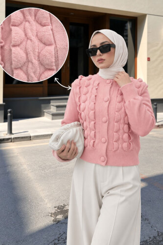 Önü Fırfırlı Triko Hırka TSD260337 Pembe - Tesettür Dünyası (1)
