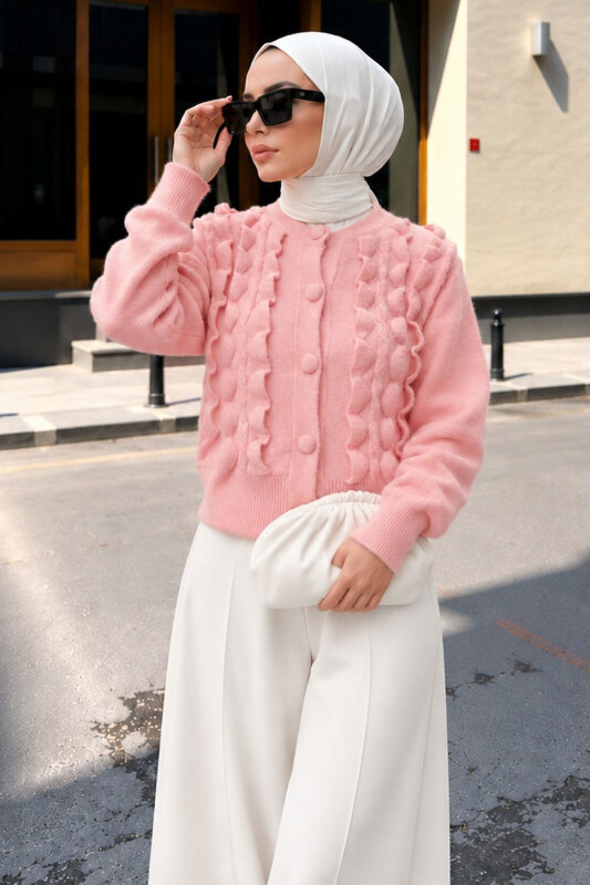 Önü Fırfırlı Triko Hırka TSD260337 Pembe - 3