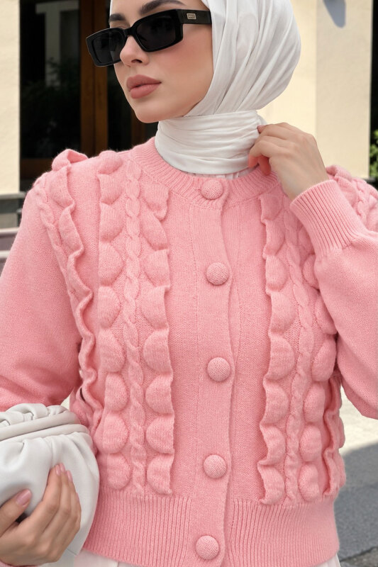 Önü Fırfırlı Triko Hırka TSD260337 Pembe - 4