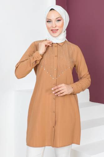 Önü Pul Detaylı Tunik TSD230623 Taba - Tesettür Dünyası (1)