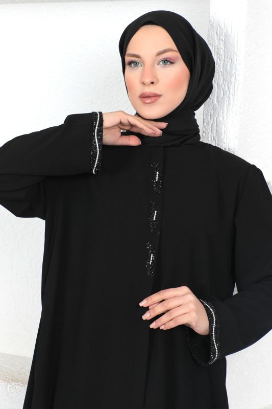 Önü Pul İşlemeli Tesettür Ferace TSD230372 Siyah - 3