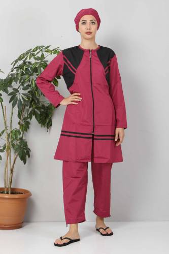 Önü Şeritli Tesettür Mayo TSD8803 Pembe - Siyah - 1