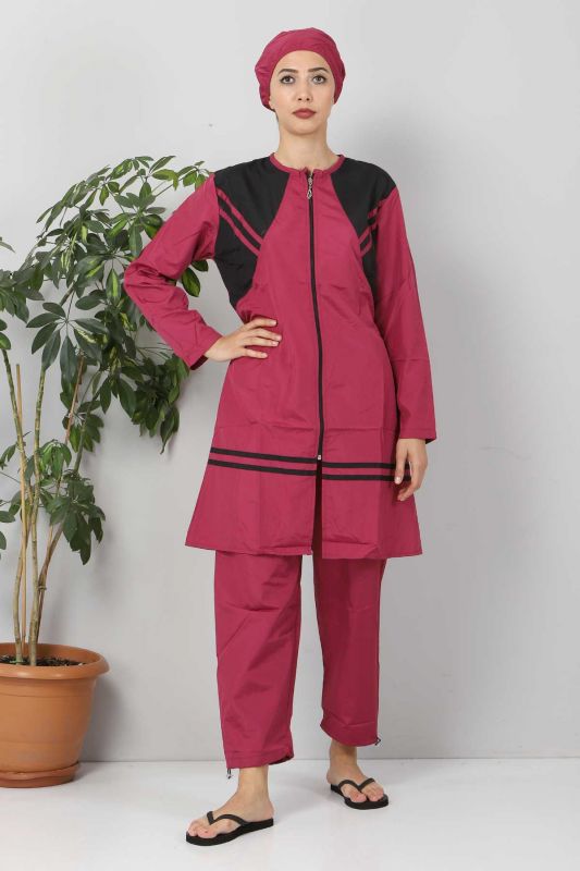 Önü Şeritli Tesettür Mayo TSD8803 Pembe - Siyah - 1