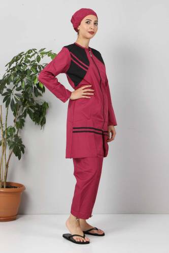 Önü Şeritli Tesettür Mayo TSD8803 Pembe - Siyah - 2