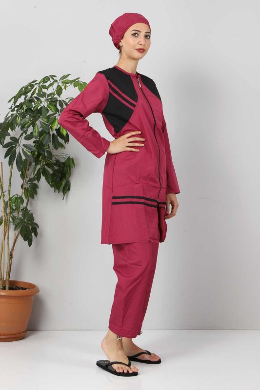 Önü Şeritli Tesettür Mayo TSD8803 Pembe - Siyah - 2
