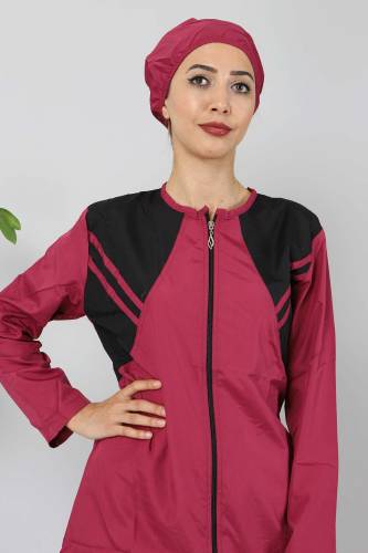 Önü Şeritli Tesettür Mayo TSD8803 Pembe - Siyah - 3