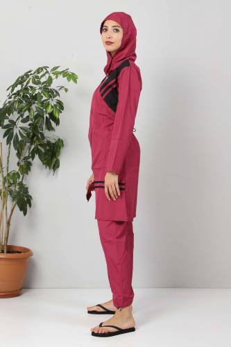 Önü Şeritli Tesettür Mayo TSD8803 Pembe - Siyah - 4