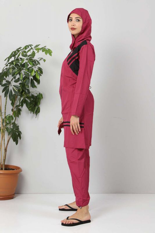 Önü Şeritli Tesettür Mayo TSD8803 Pembe - Siyah - 4